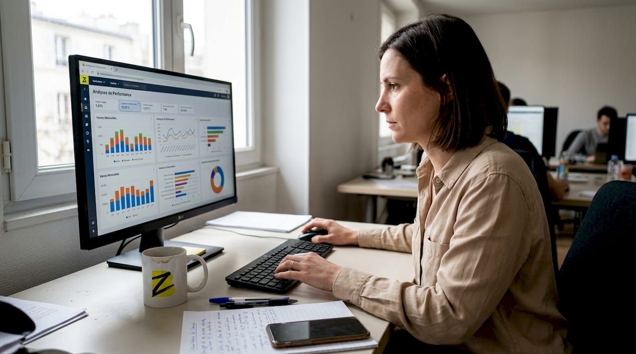 Une femme examine les statistiques de référencement sur son ordinateur.