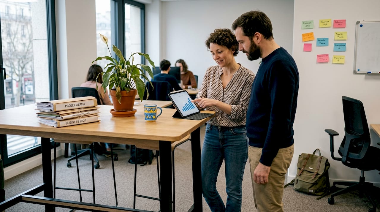 Des collègues échangent autour d’une tablette posée sur la table de réunion.