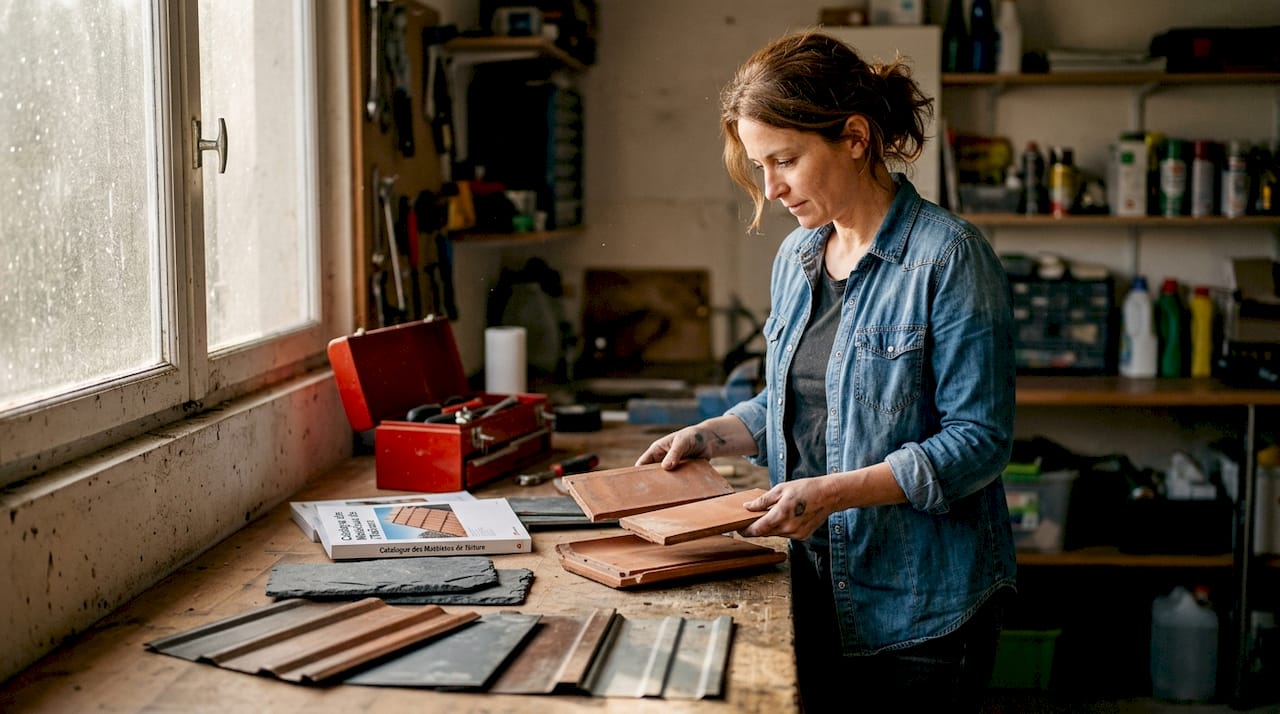 Dans son garage, une femme compare attentivement différents échantillons de matériaux pour sa future toiture.