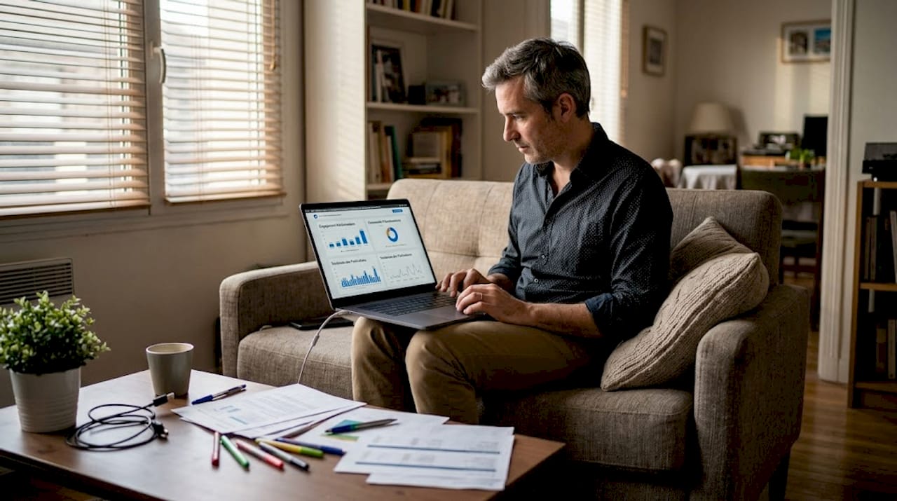 Un homme analyse les performances de ses campagnes de marketing digital depuis chez lui.