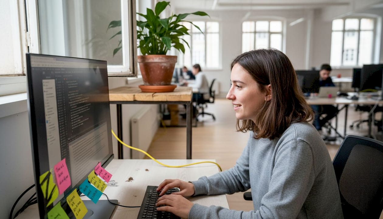 Une développeuse examine le code d’un site Internet dans un espace de coworking.