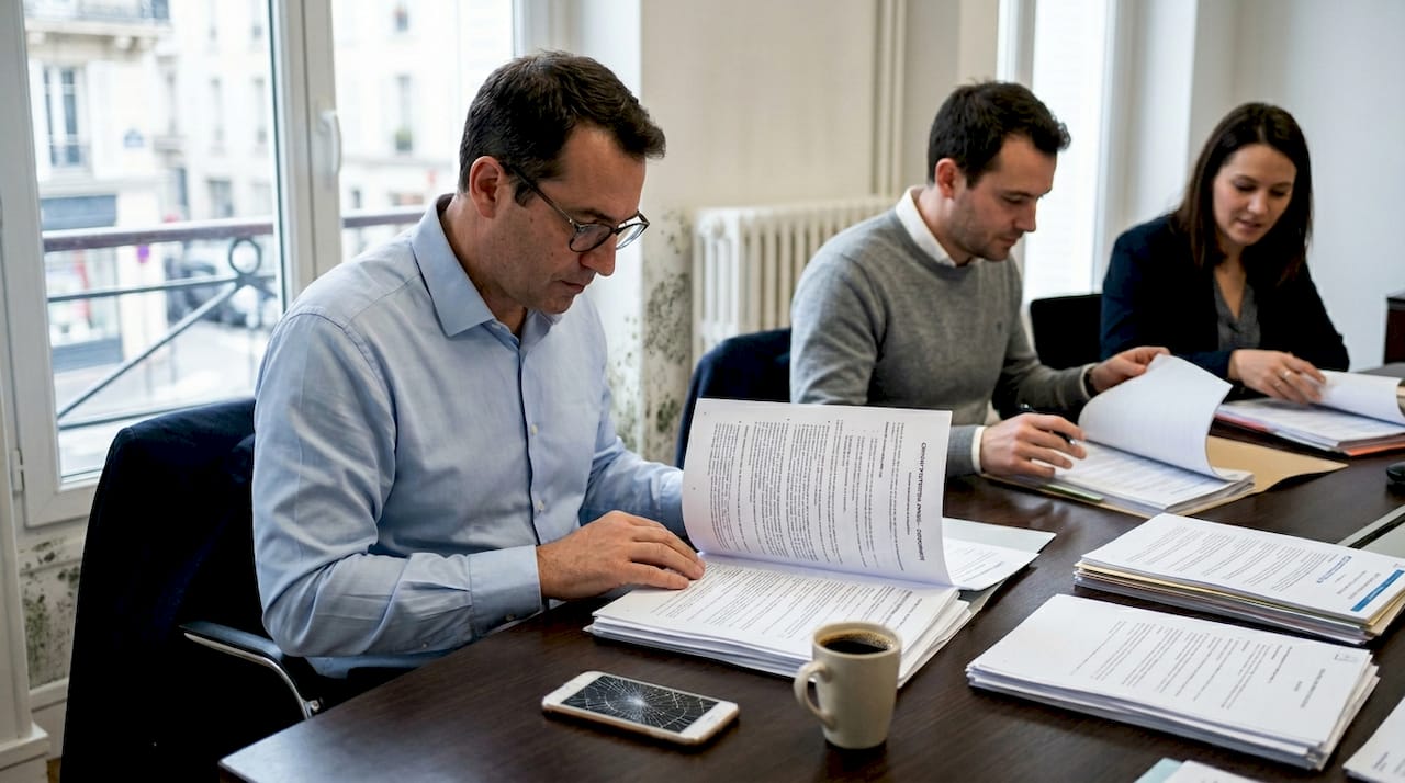 Des gestionnaires se réunissent pour examiner les modalités du contrat d’entretien de la toiture.