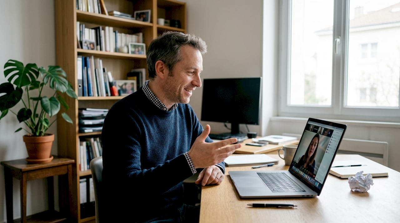 Un homme échange en visioconférence avec une cliente depuis chez lui.