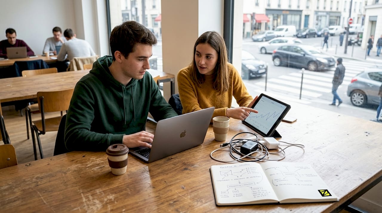 Des experts en marketing échangent autour d’un espace de coworking.