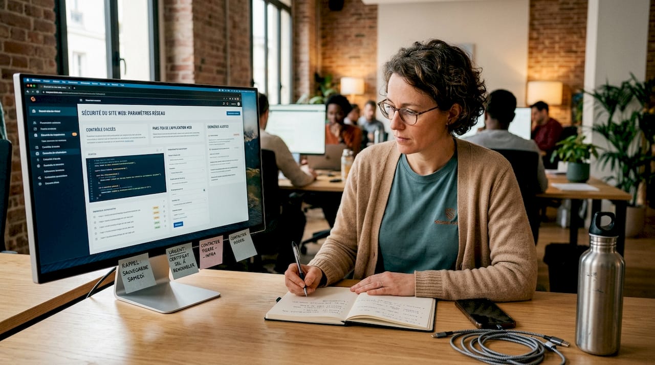 Une femme vérifie les paramètres de sécurité de son site web depuis son bureau.