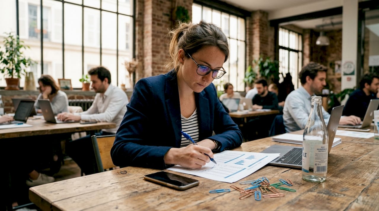 Une professionnelle analyse les chiffres de vente dans un espace de coworking.