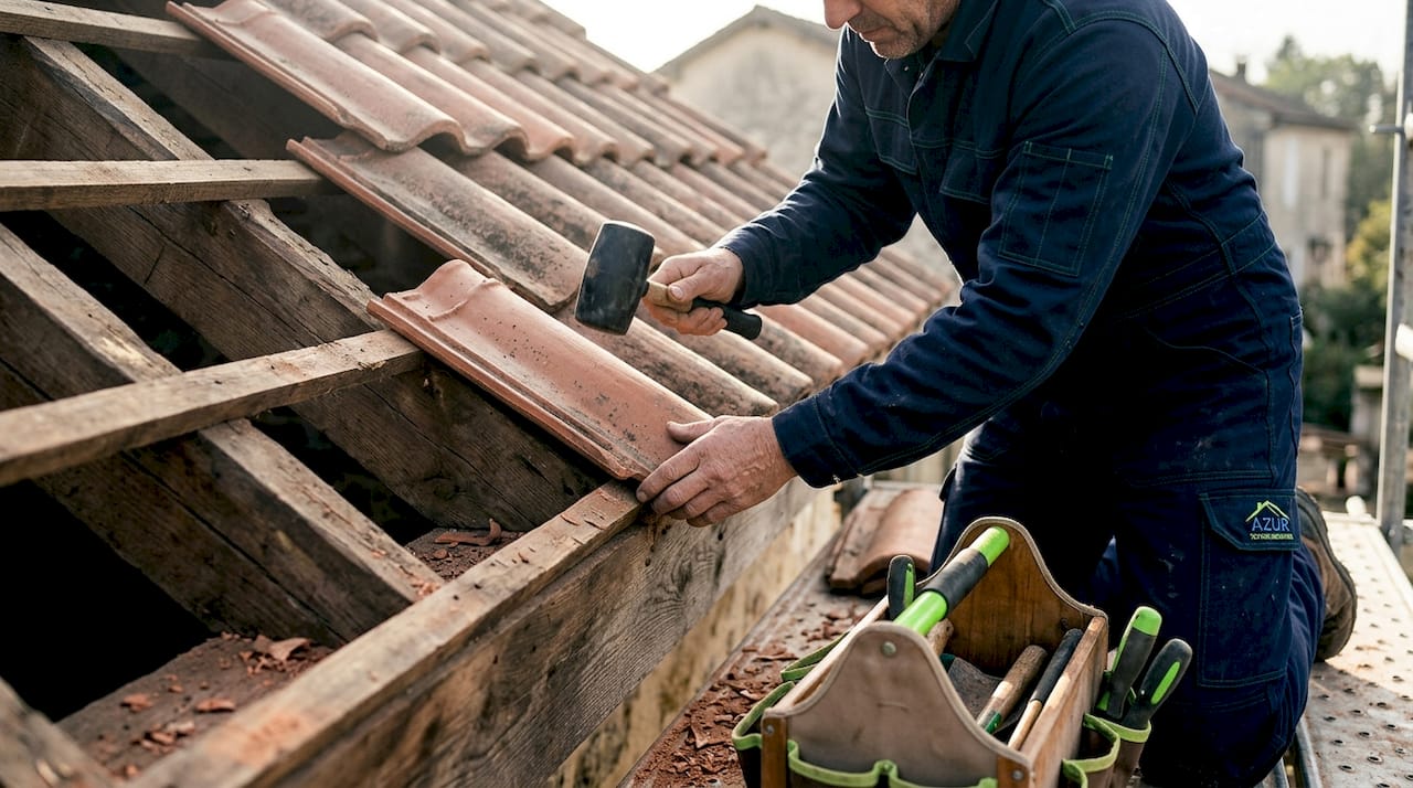 Un couvreur en train de poser des tuiles en terre cuite sur la charpente d'une maison.