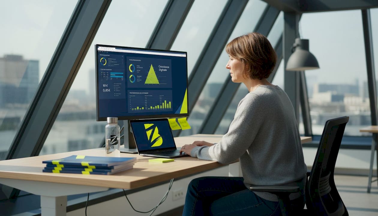 Une femme étudie les indicateurs clés de performance de sa stratégie de contenu, concentrée devant son ordinateur.