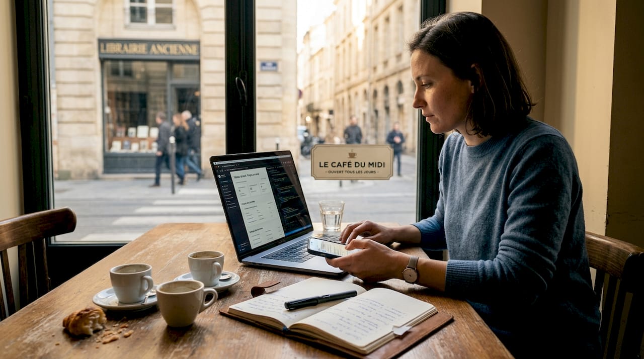Consultant en réseaux sociaux pour PME, en pleine session de travail au café.