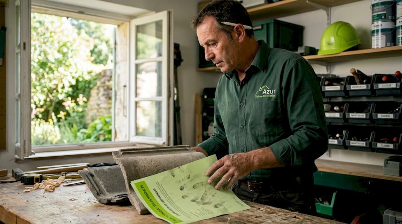 Un homme examine différents modèles de tuiles posés sur son établi pour choisir celui qui conviendra le mieux à son projet.
