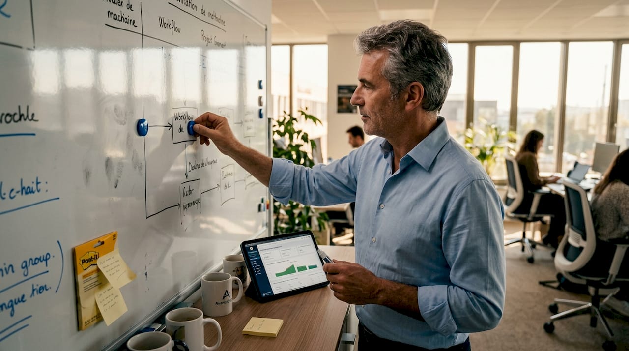 Un manager anime une séance de travail collaboratif autour d’un tableau blanc dans un espace de coworking.