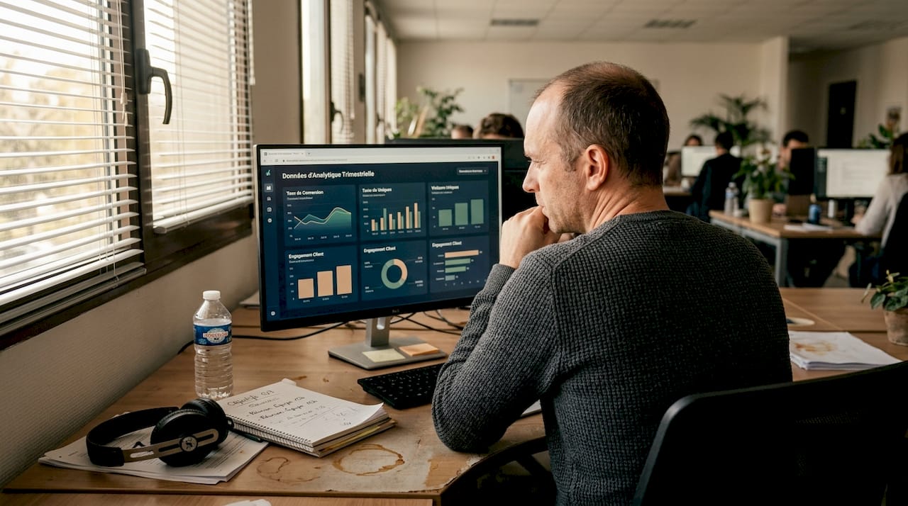 Un professionnel étudie les statistiques de fréquentation d’un site web depuis son bureau.