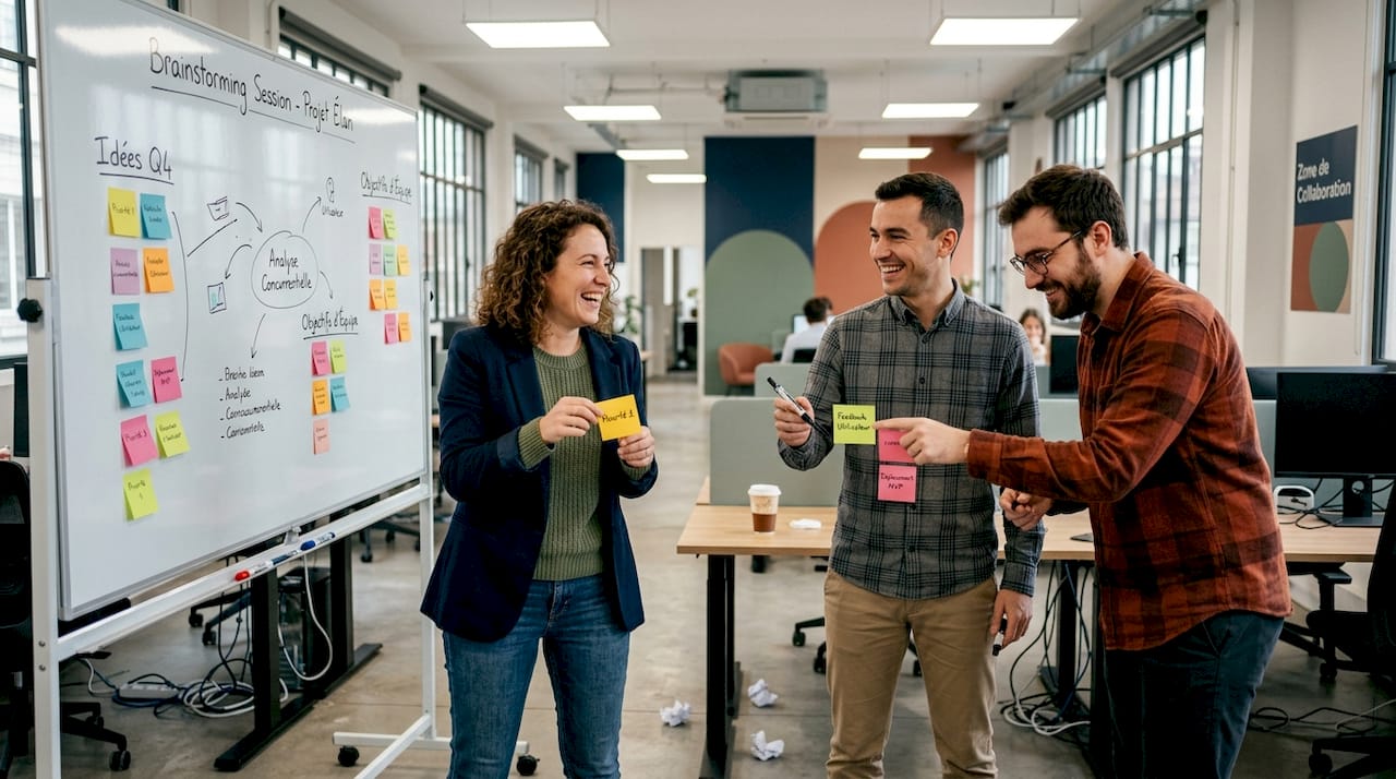 Des collègues échangent et s’amusent en collant des post-its lors d’un atelier ludique.