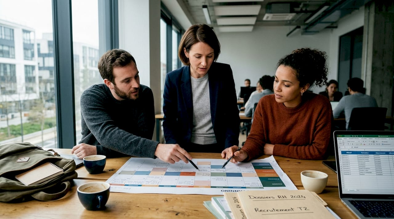 L’équipe se penche sur les différentes options d’organisation et examine le planning des événements pour choisir la meilleure formule.