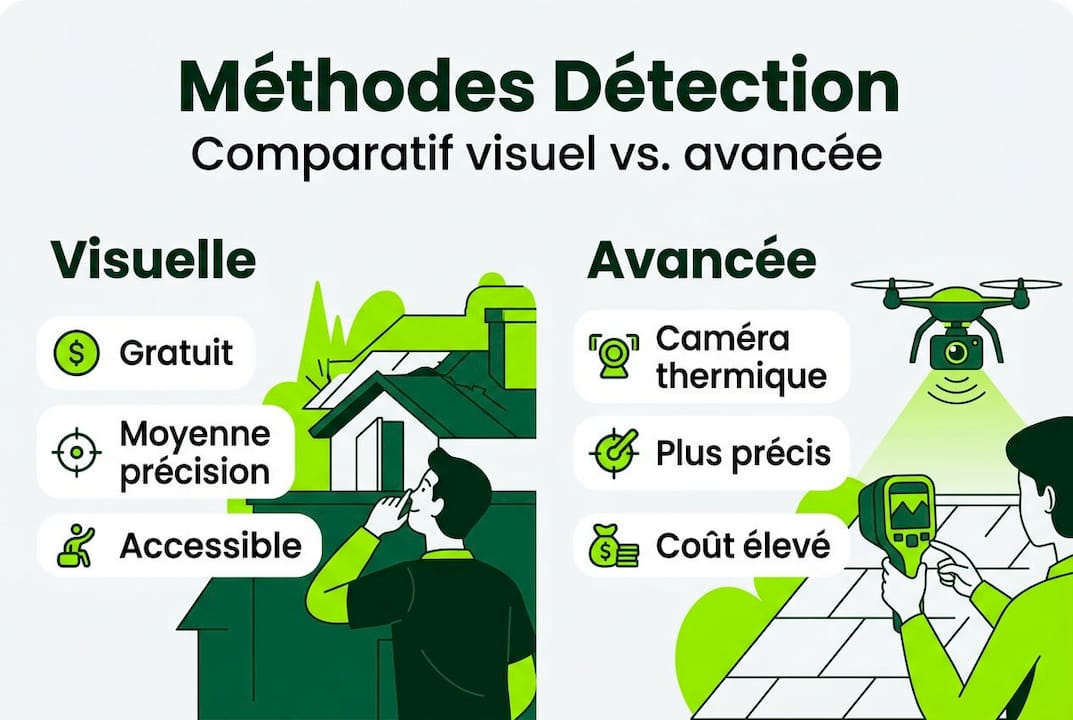Découvrez notre infographie qui passe en revue les différentes techniques pour repérer les fuites sur une toiture, avec leurs avantages et limites.