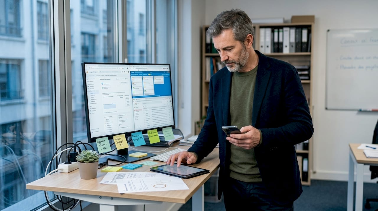 Entrepreneur qui jongle avec plusieurs tâches dans un espace de travail réduit