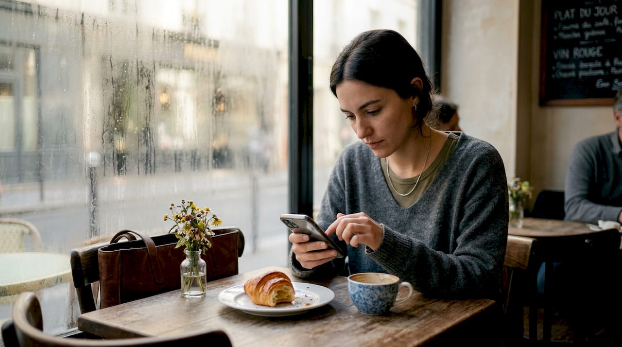 Assis dans un café, un client consulte les avis laissés sur l’établissement avant de passer commande.
