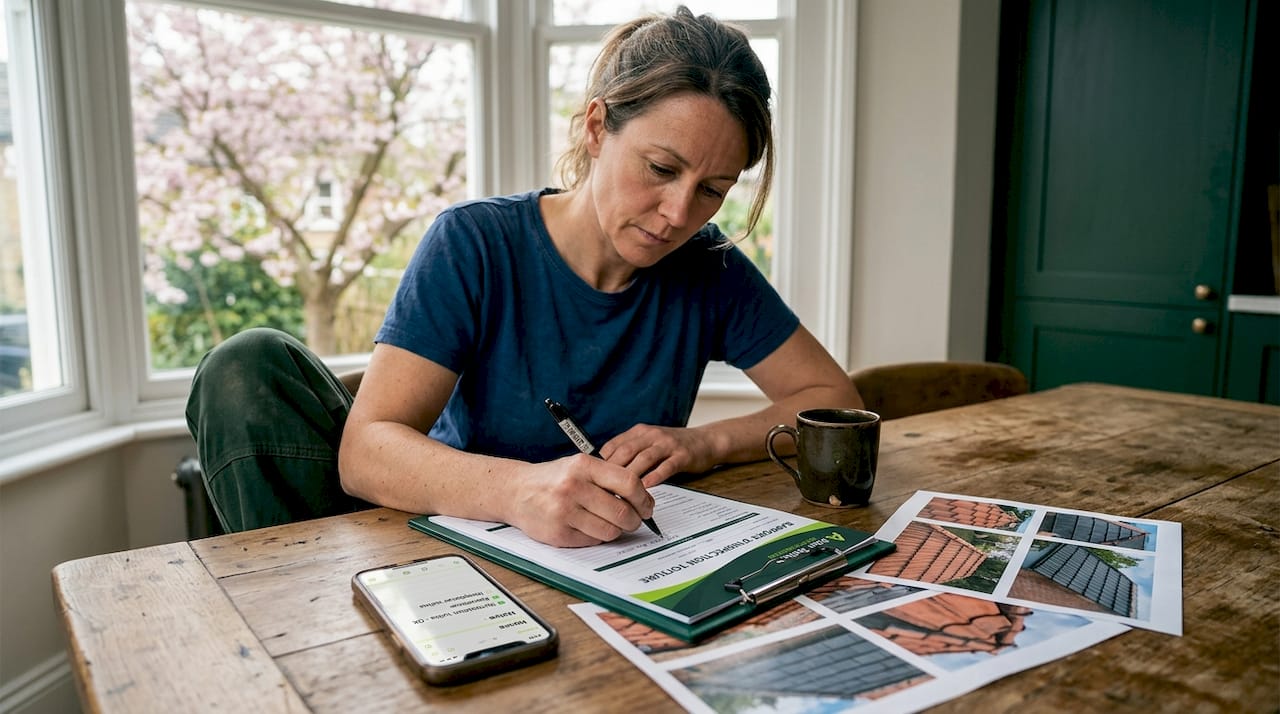 Une femme prend des photos et note ses observations lors d’un contrôle de la toiture.