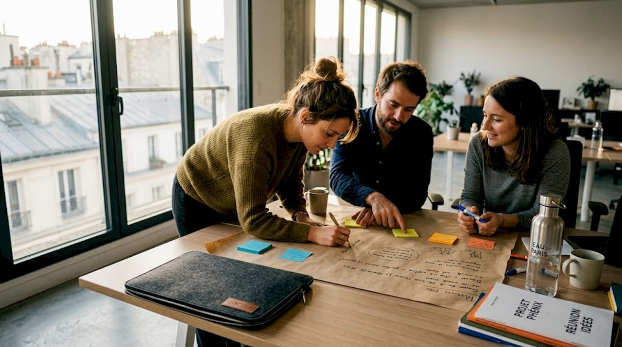 Des collègues échangent des idées et collaborent activement autour d’un bureau partagé.