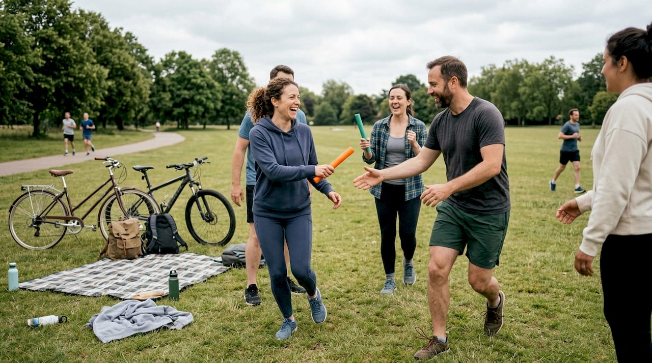 Des collègues profitent d'une activité conviviale en plein air au parc.