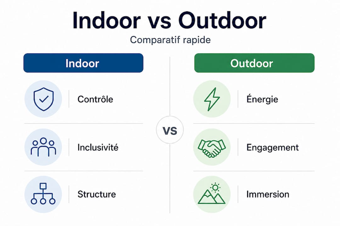 Infographie : les différences clés entre les activités de team building en intérieur et en extérieur