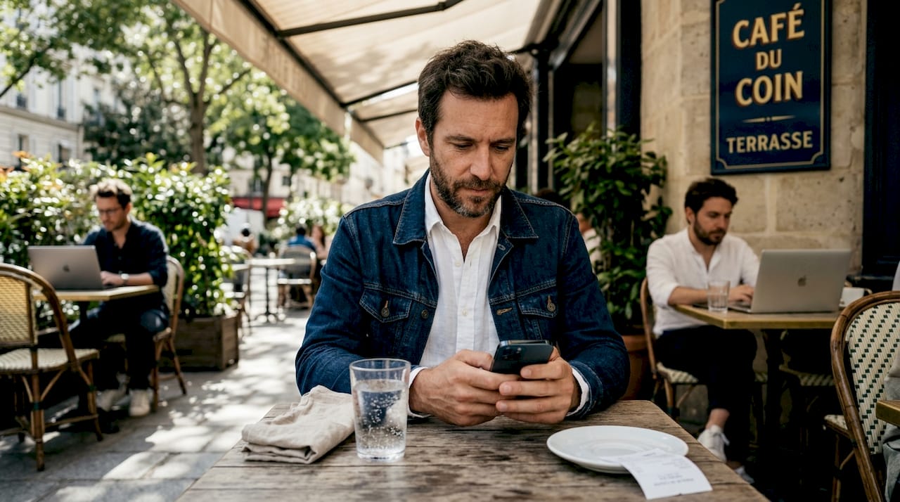 Installé en terrasse, un homme fait défiler son fil d’actualités sur son smartphone.