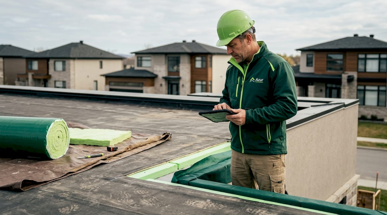 Un professionnel vérifie l’isolation du toit-terrasse.