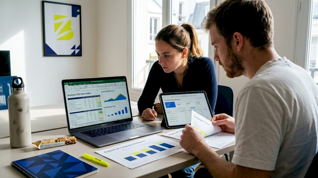 Des collègues analysent ensemble les performances du référencement et des campagnes publicitaires.