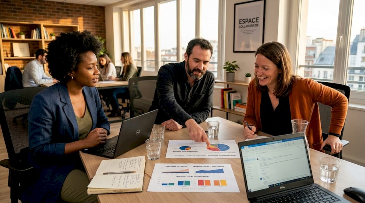 Une équipe de collaborateurs analyse ensemble les performances de leur présence sur les réseaux sociaux.