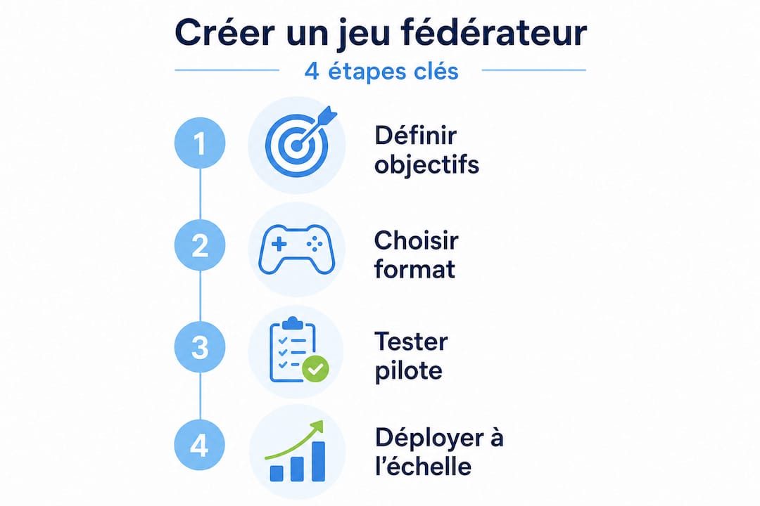 Schéma des quatre grandes étapes d’un jeu d’entreprise