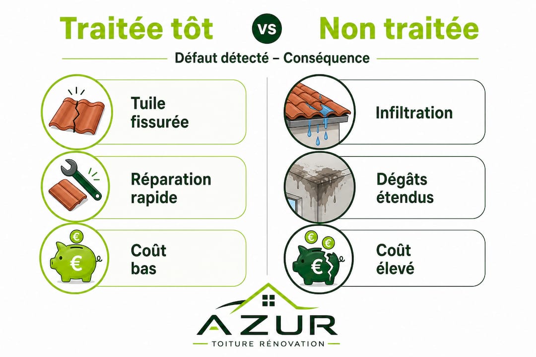 Infographie : comparaison des coûts entre une toiture entretenue rapidement et une intervention tardive