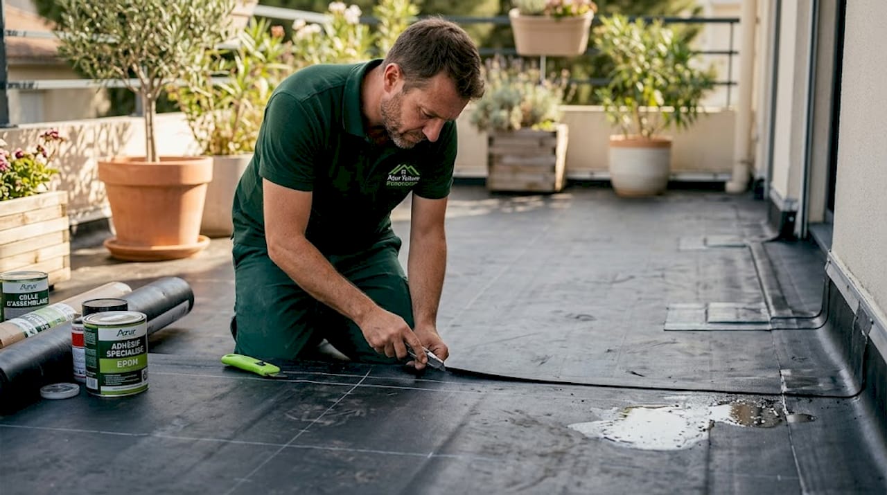 Découpage de la membrane EPDM sur la terrasse