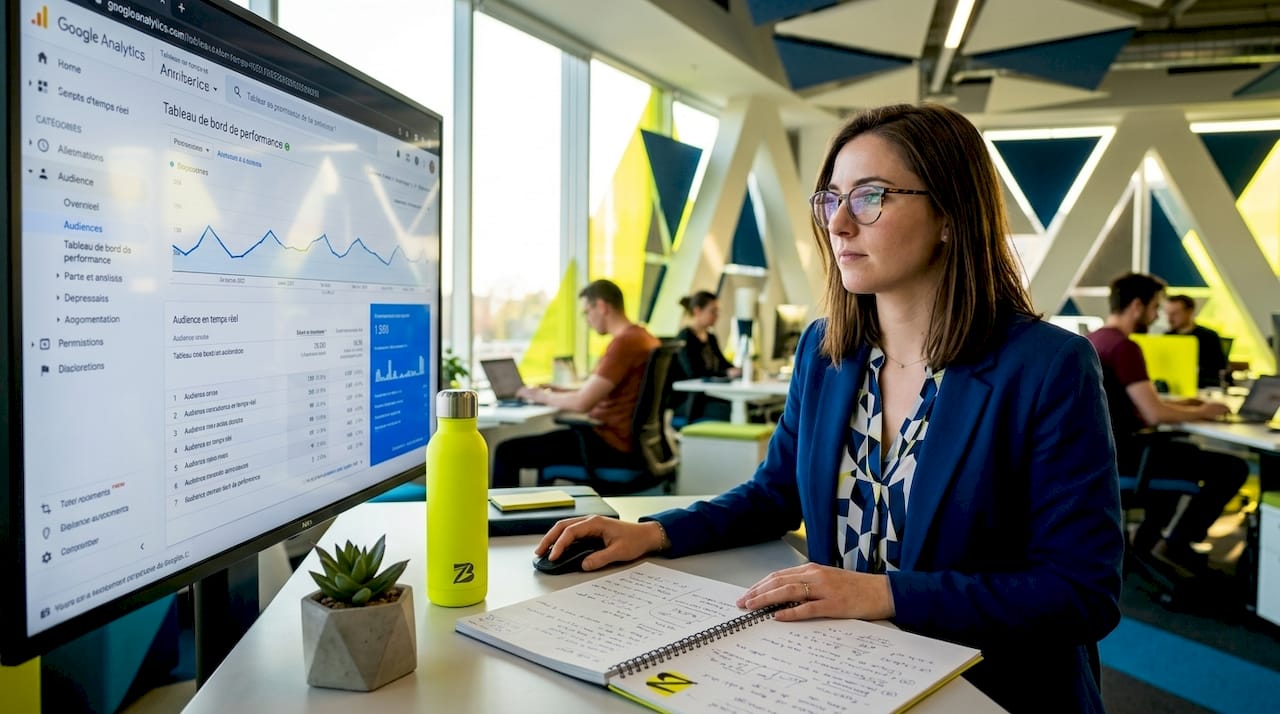 Responsable marketing en pleine analyse des statistiques de fréquentation sur son écran