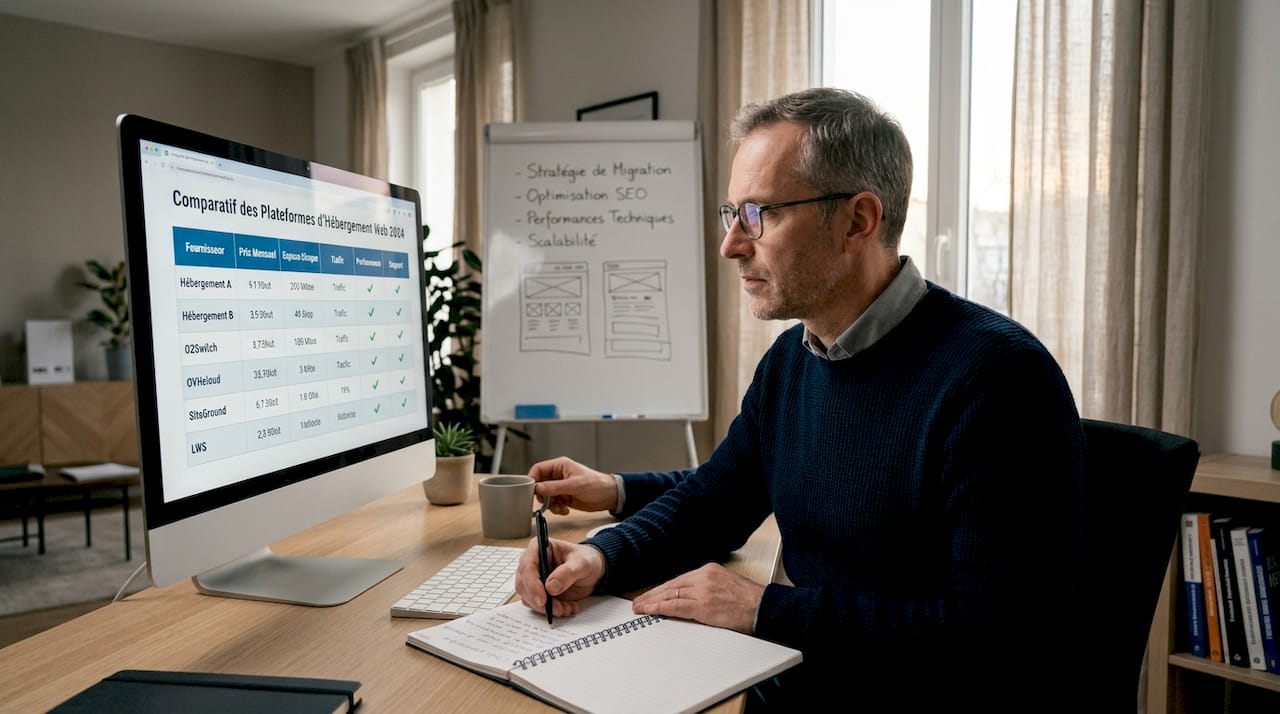 Un homme en pleine réflexion, en train de comparer différentes plateformes web et solutions d’hébergement pour trouver celle qui correspond le mieux à ses besoins.