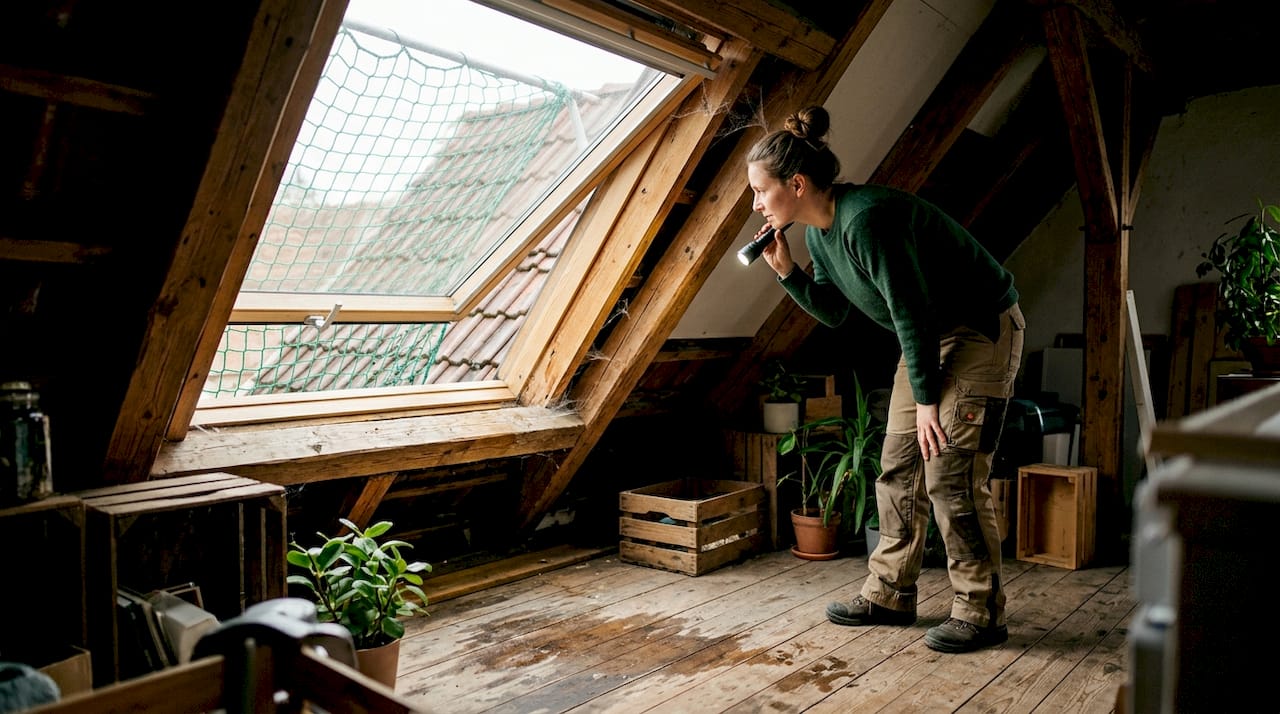 Le propriétaire vérifie l’étanchéité de la toiture dans les combles.