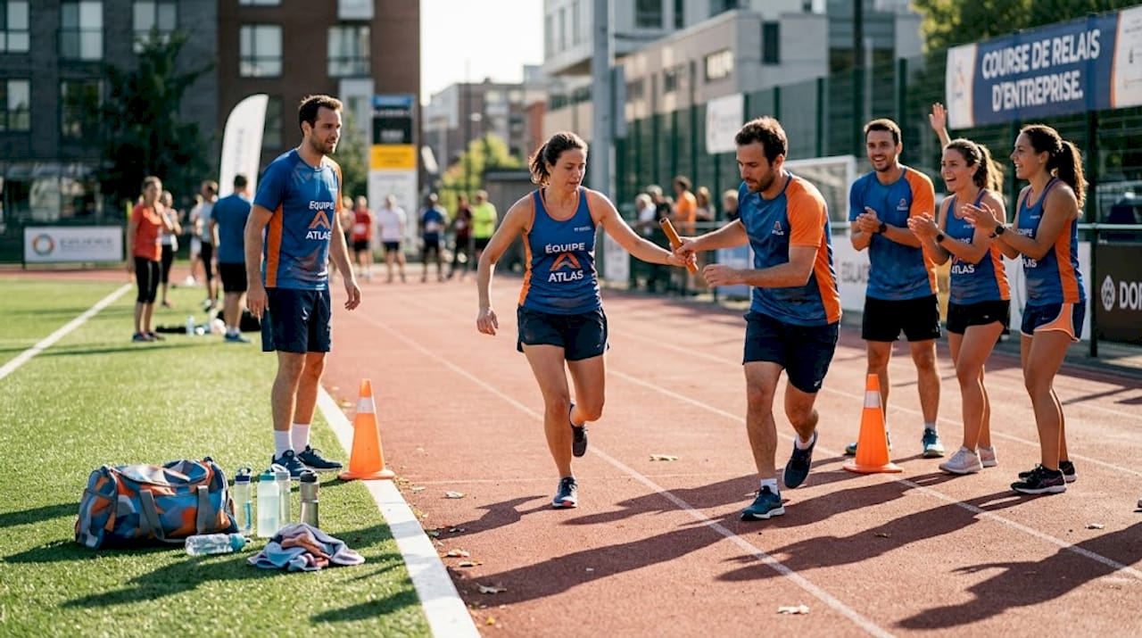 Des collègues participent à une course de relais en plein air, dans une ambiance dynamique et conviviale.