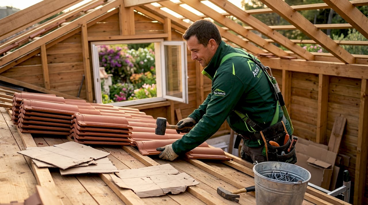 Installation de tuiles neuves sur une charpente en bois