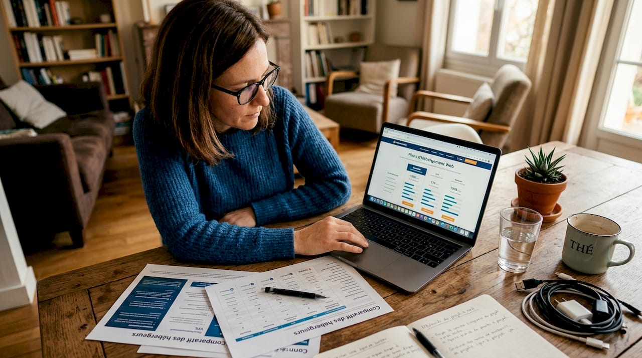Une femme en train d’étudier les différentes solutions d’hébergement web pour trouver celle qui lui conviendra le mieux.
