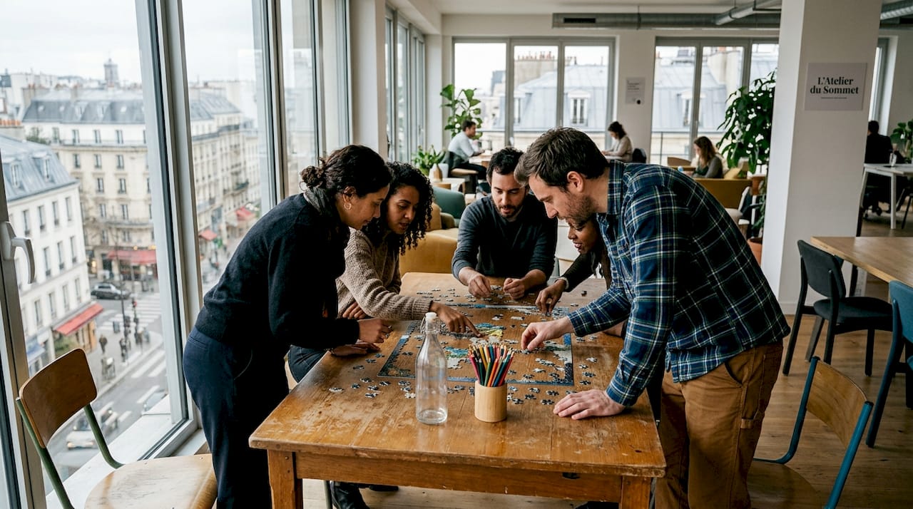Lors d’une réunion, l’équipe s’est réunie autour d’une table pour assembler un puzzle tous ensemble.
