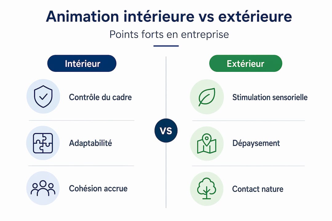 Infographie : les différences entre l’animation en intérieur et en extérieur au sein de l’entreprise