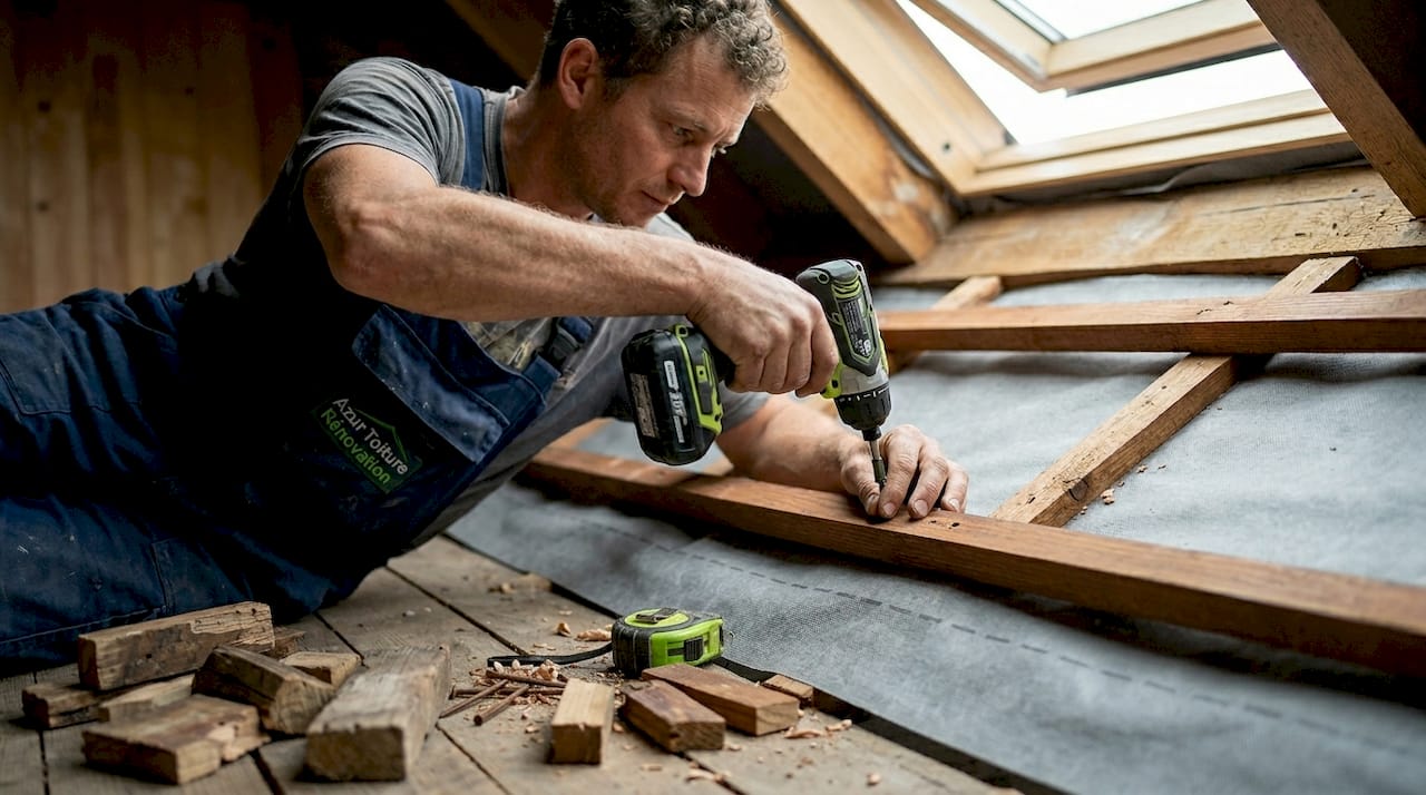 Pose d’un contre-liteau sur une structure de charpente en bois