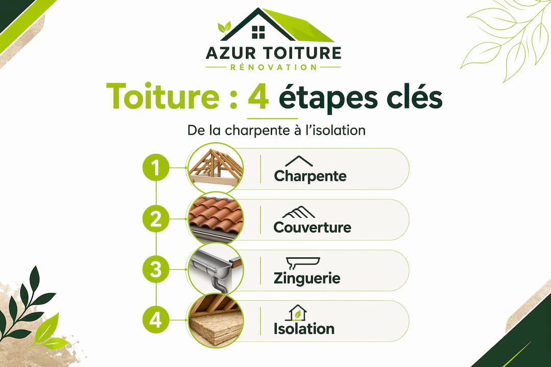 Infographie verticale présentant les grandes étapes de la construction d’une toiture