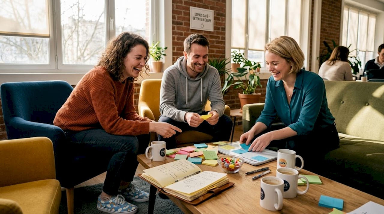 Équipe échangeant astuces et bons conseils dans une ambiance détendue au bureau