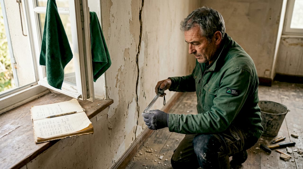 Un artisan examine attentivement une fissure apparue sur le mur d’une vieille maison.