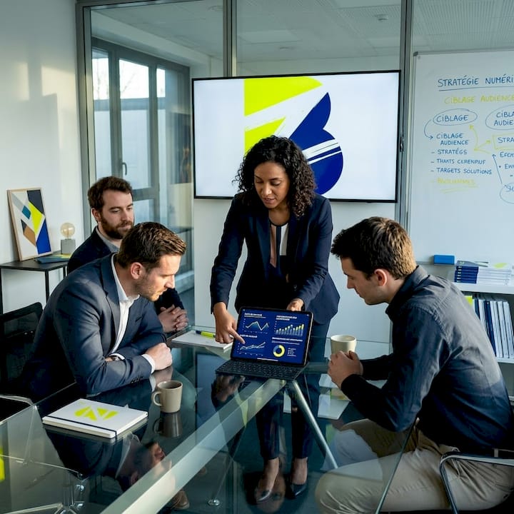 Des membres de l’équipe marketing échangent autour d’une table, analysant ensemble des schémas et des supports visuels.