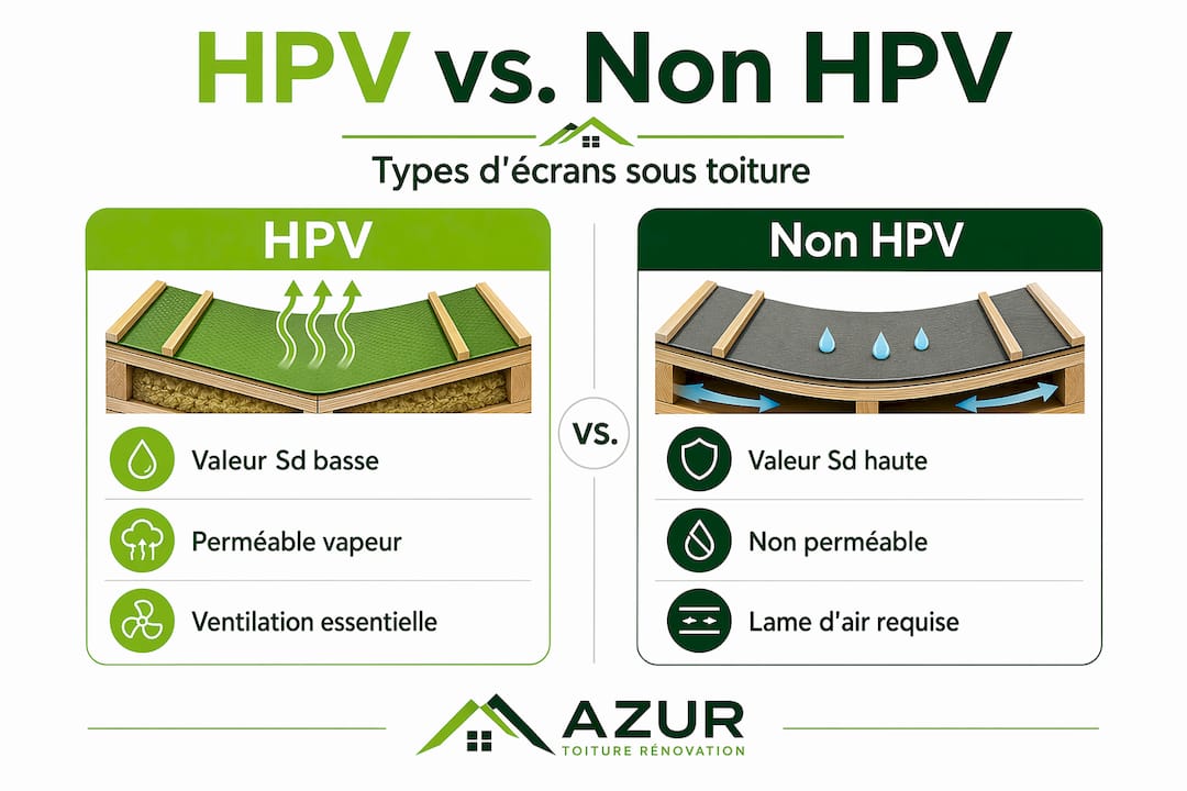 Infographie : comparaison entre les pare-écrans de toiture HPV et non-HPV