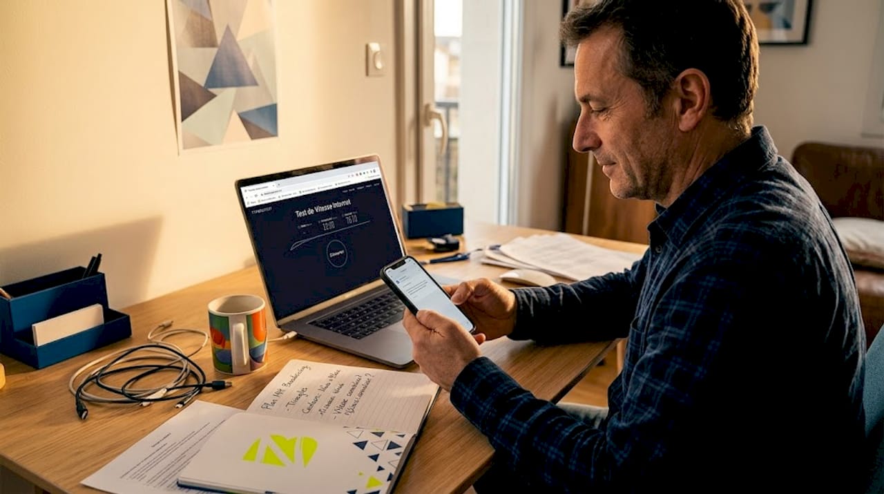 Assis à table, un homme teste la rapidité d’un site internet sur son téléphone.