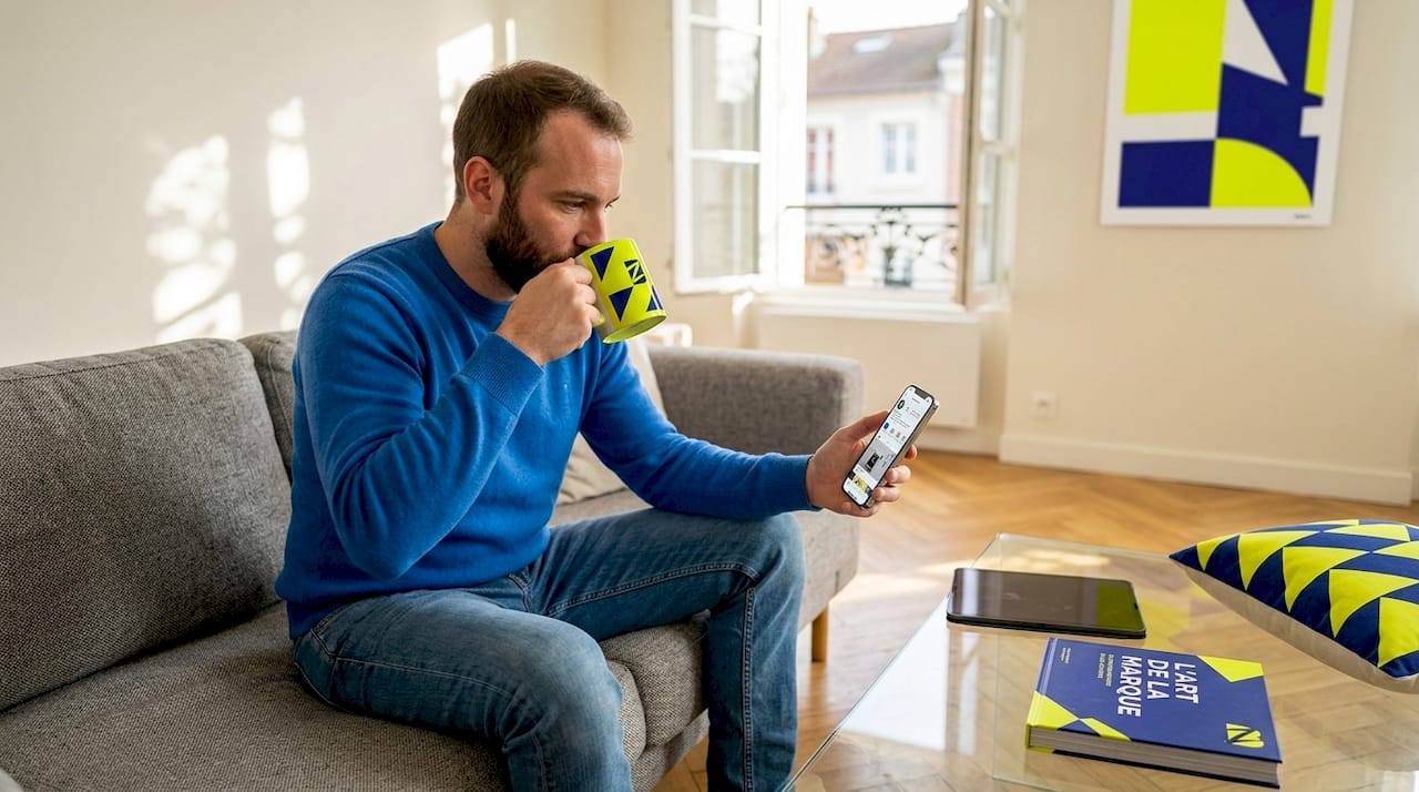 Un jeune homme détendu, assis dans un salon moderne, utilise son smartphone.