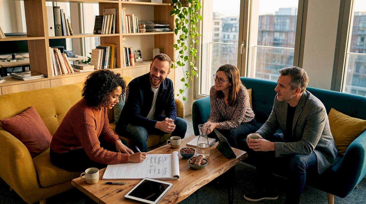 Des collègues se retrouvent autour d’une table pour échanger librement des idées et brainstormer dans une ambiance détendue.