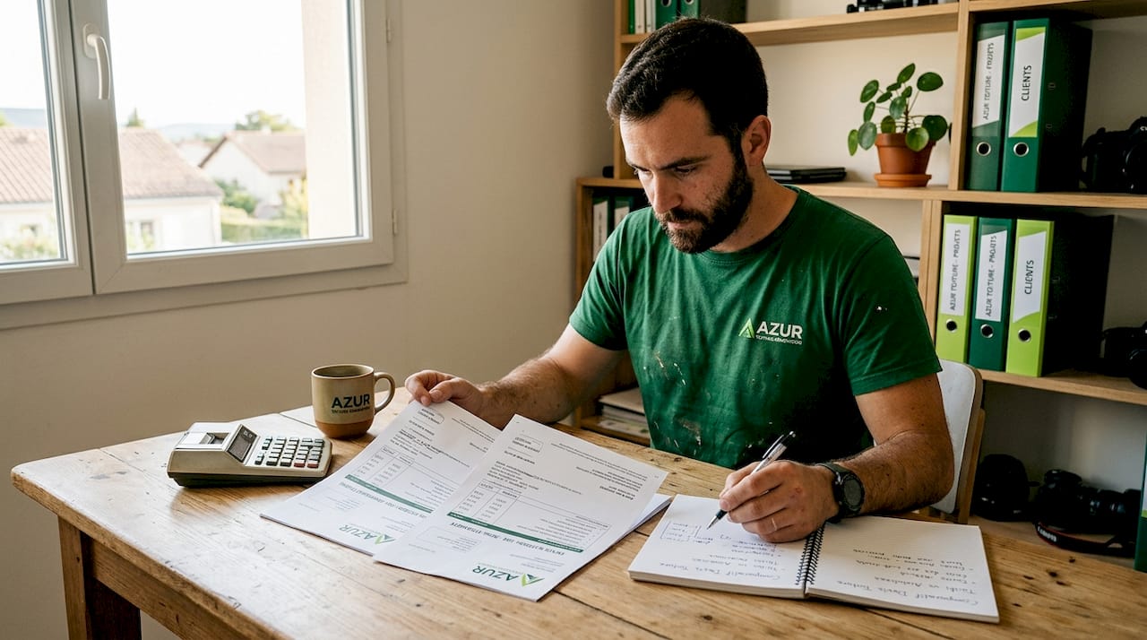Un couvreur penché sur sa table, en train d’analyser plusieurs devis pour préparer son prochain chantier.